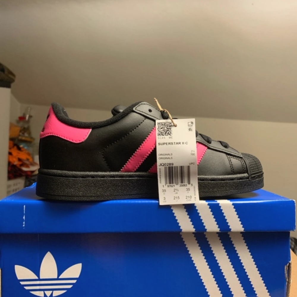 adidas Kids Superstar C Black with Pink Stripe Sneakers